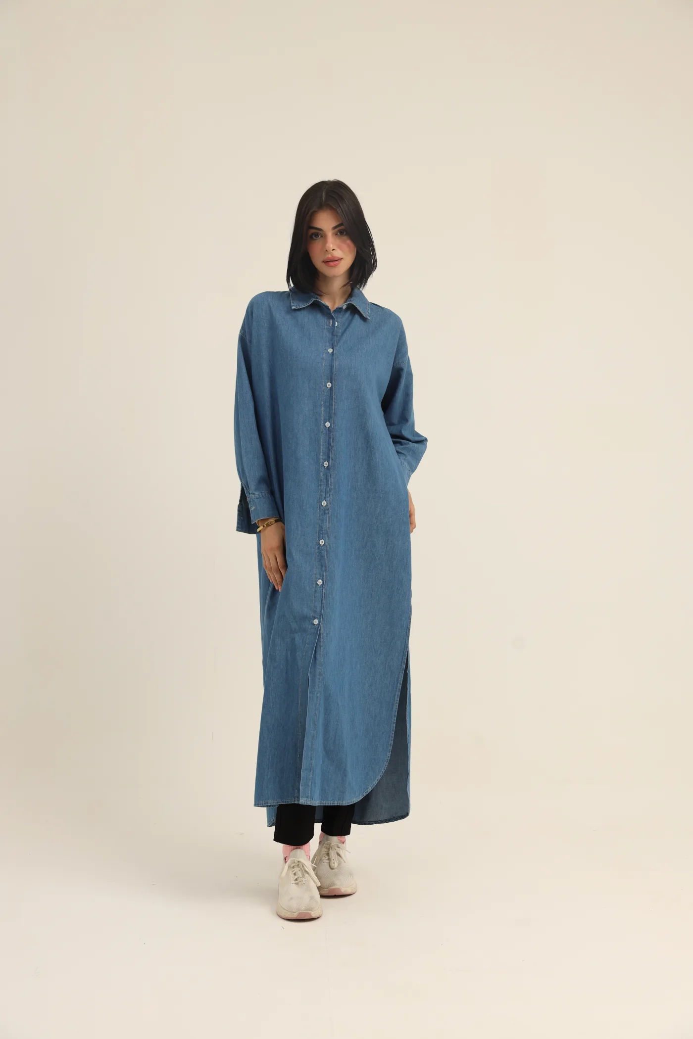 Long Denim Shirt with Side Slits